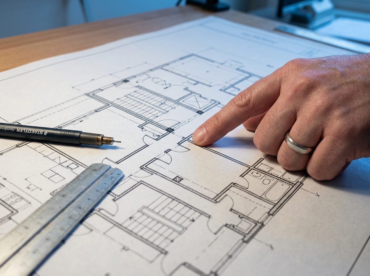 مخطط معماري تفصيلي على طاولة الرسم مع أدوات هندسية