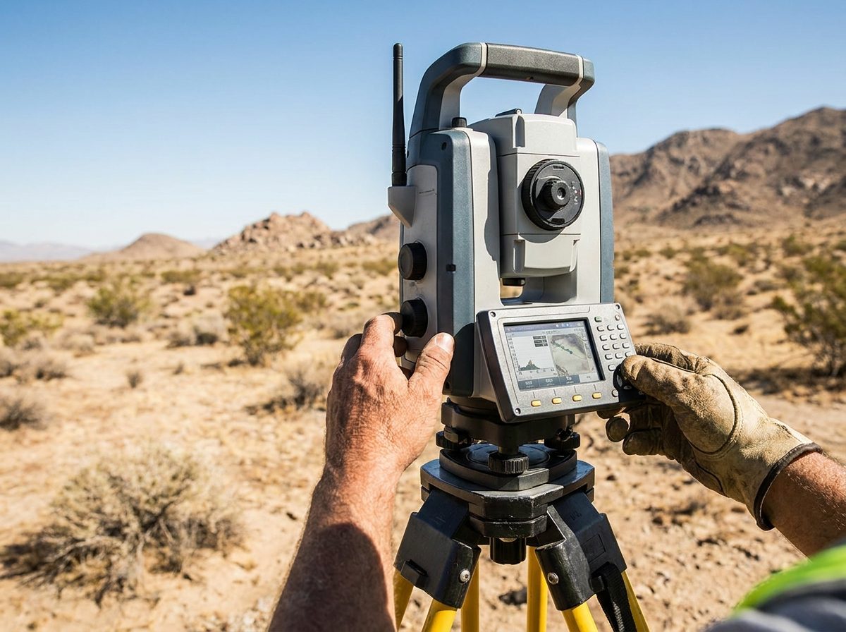 مساح يستخدم جهاز GPS على حامل ثلاثي في أرض مفتوحة