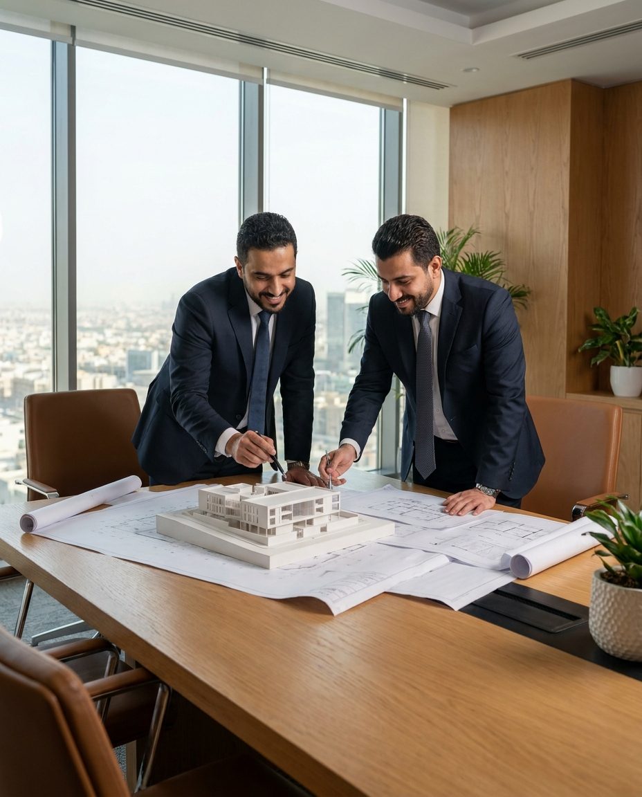 مهندسان يراجعان مخططات معمارية ومجسم مبنى ثلاثي الأبعاد في اجتماع استشارات هندسية