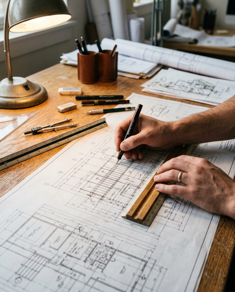 يد ترسم خطوطاً هندسية دقيقة على مخطط معماري بأدوات الرسم الفني